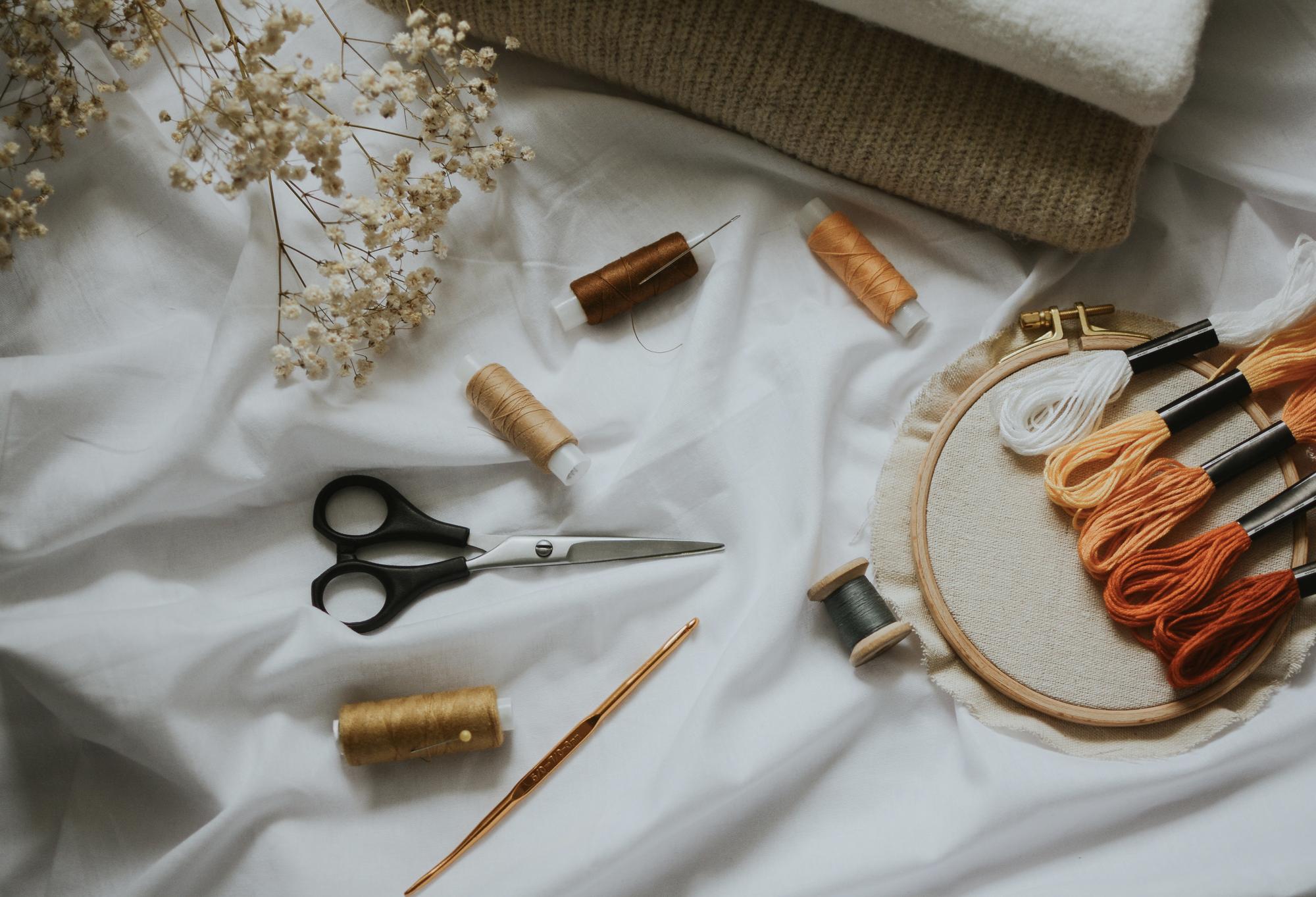 atelier table with tools and fabrics